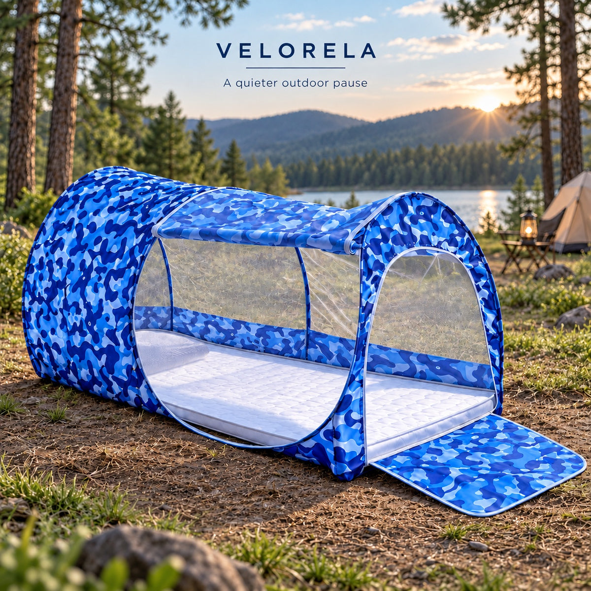 Blue camouflage Three-Opening mosquito shelter showing side and end access at a lakeside campsite