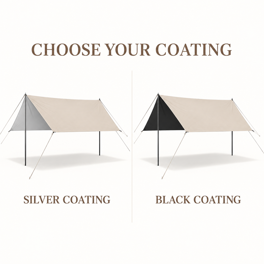 Beige Rectangular tarps showing Silver and Black inner coatings