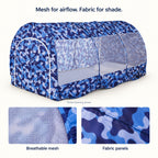 Three-Opening shelter with closed mesh entries and close-up views of mesh and camouflage fabric panels