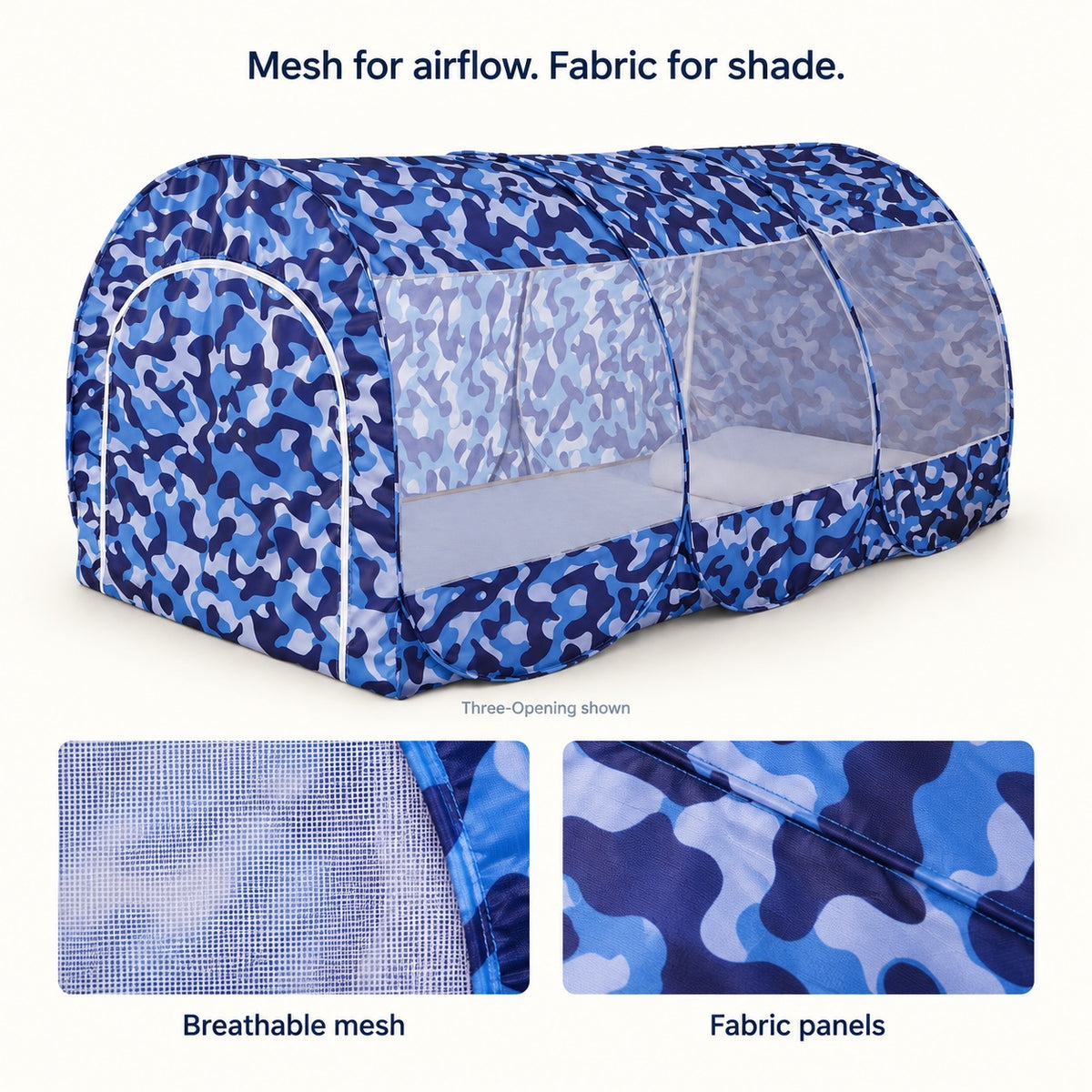 Three-Opening shelter with closed mesh entries and close-up views of mesh and camouflage fabric panels