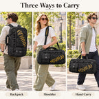 Black travel duffel shown with both backpack straps, removable shoulder strap and twin carry handles