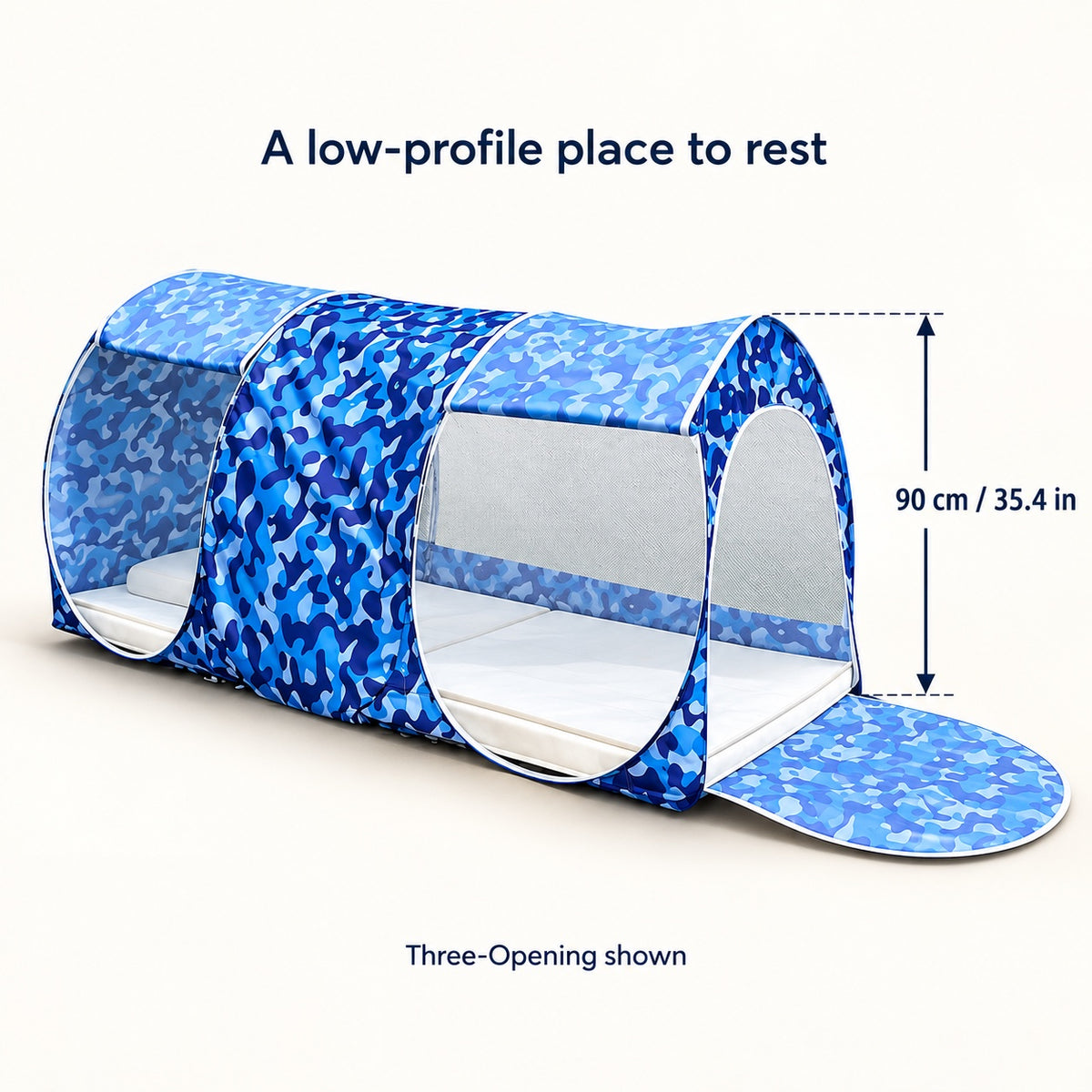 Three-Opening camouflage mosquito shelter with listed height of 90 cm, approximately 35.4 inches