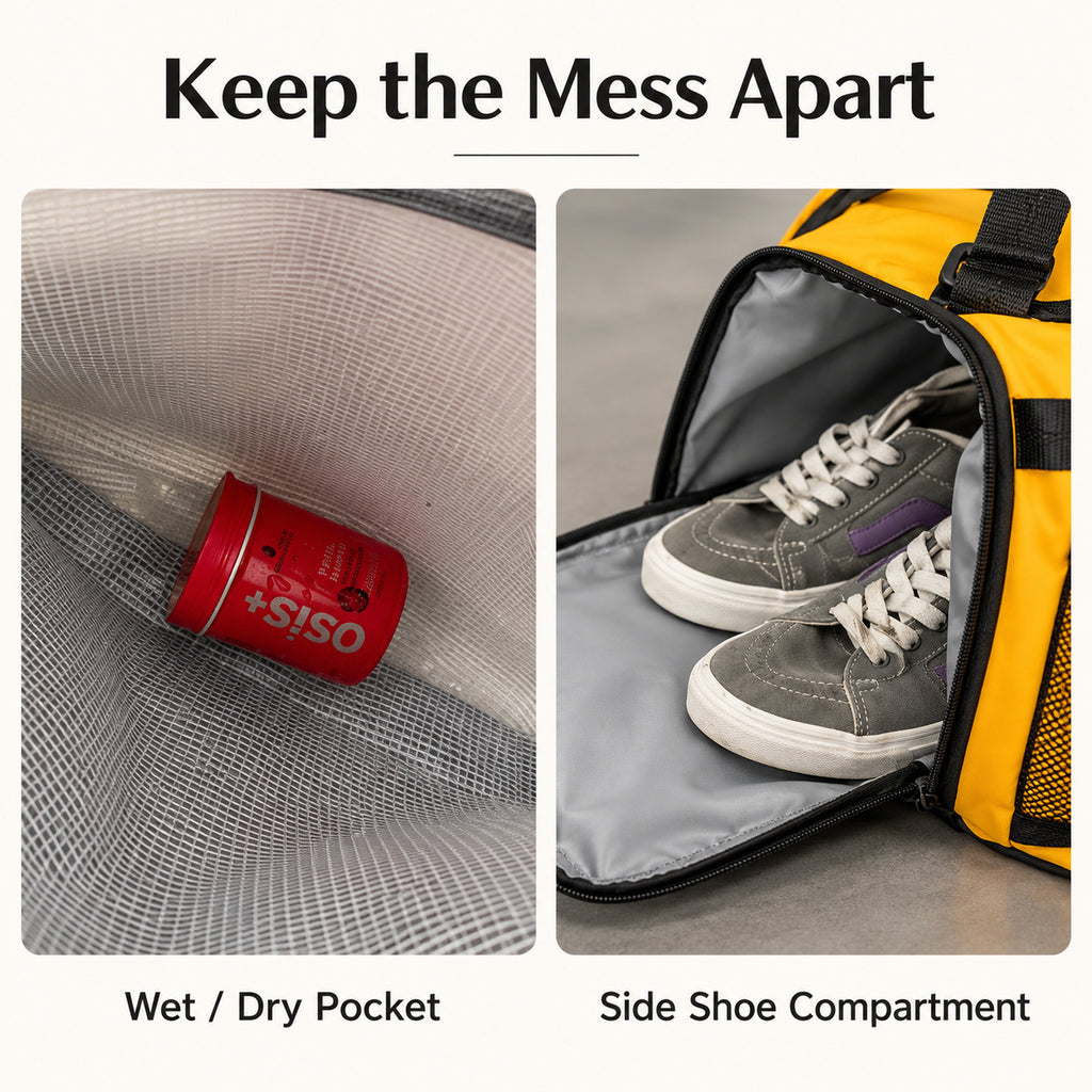 Wet/dry pocket and side-end shoe compartment on the Yellow travel duffel