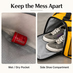 Wet/dry pocket and side-end shoe compartment on the Yellow travel duffel