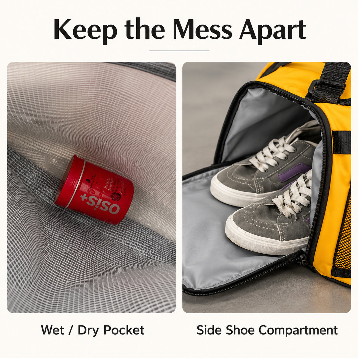 Wet/dry pocket and side-end shoe compartment on the Yellow travel duffel
