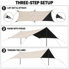 Attach guy lines raise the tarp with two poles and tension the canopy