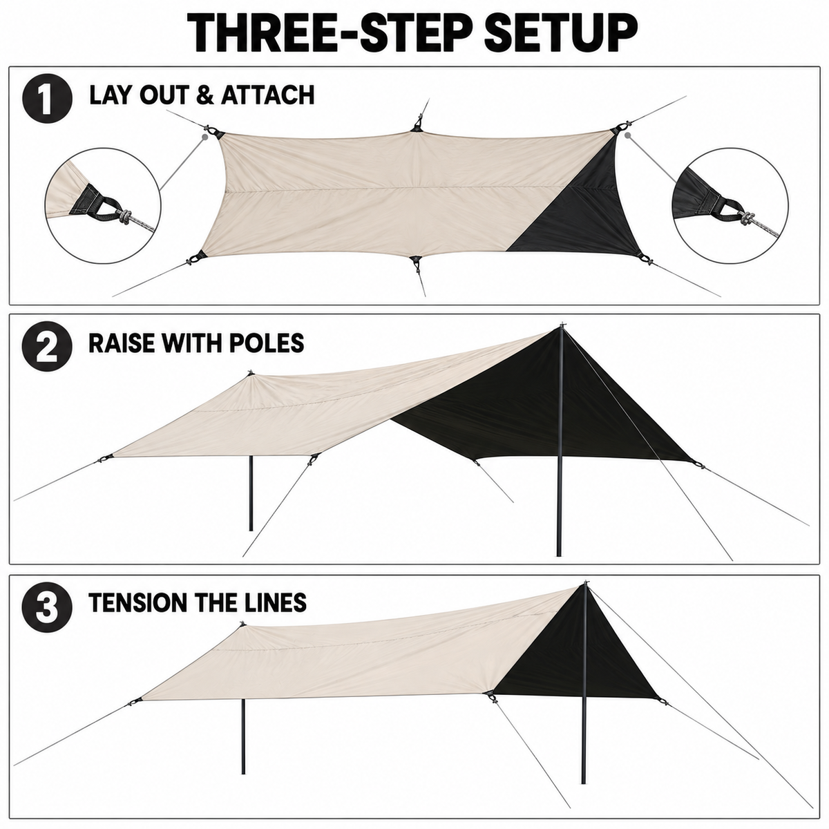 Attach guy lines raise the tarp with two poles and tension the canopy