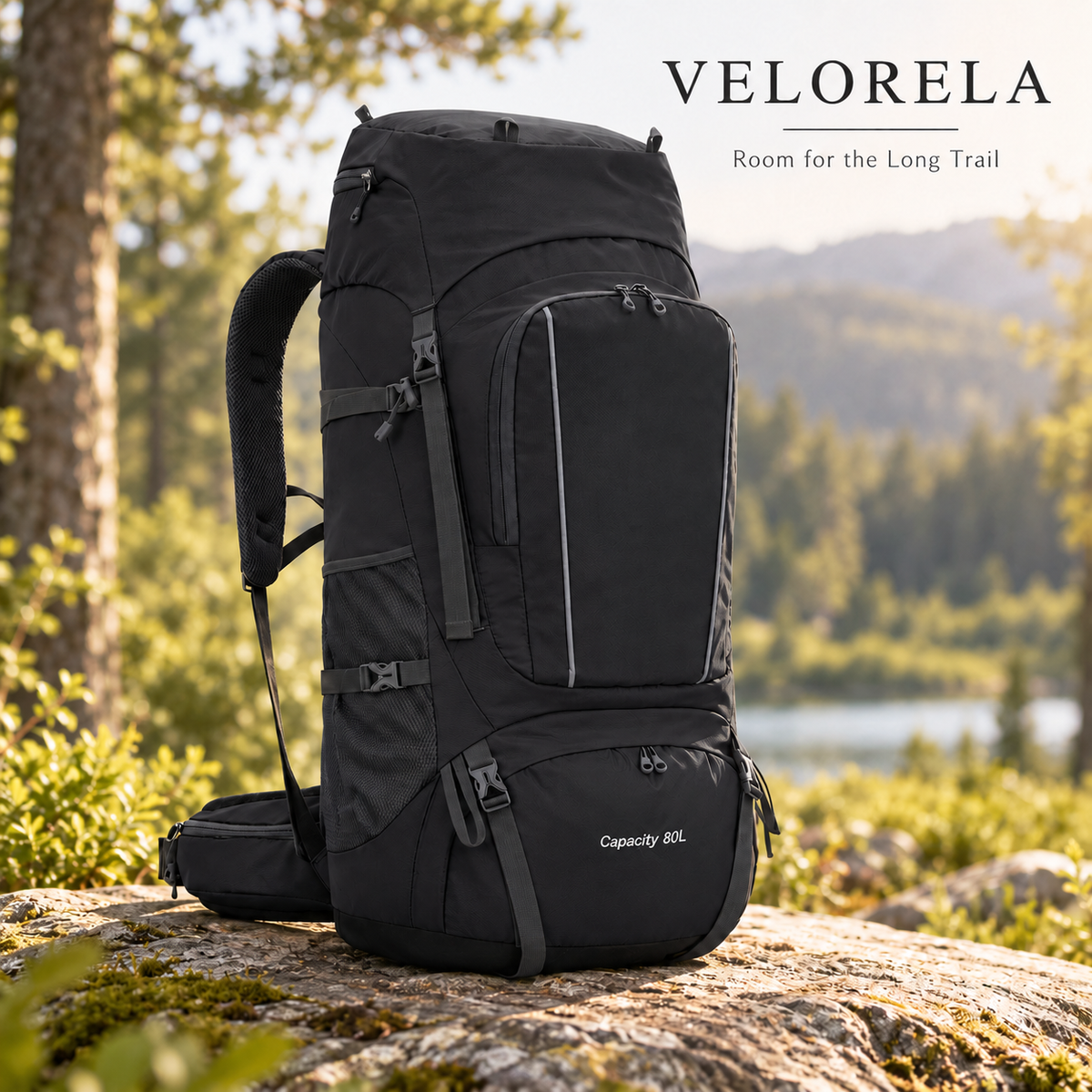 Black 80L hiking backpack on a sunlit woodland rock