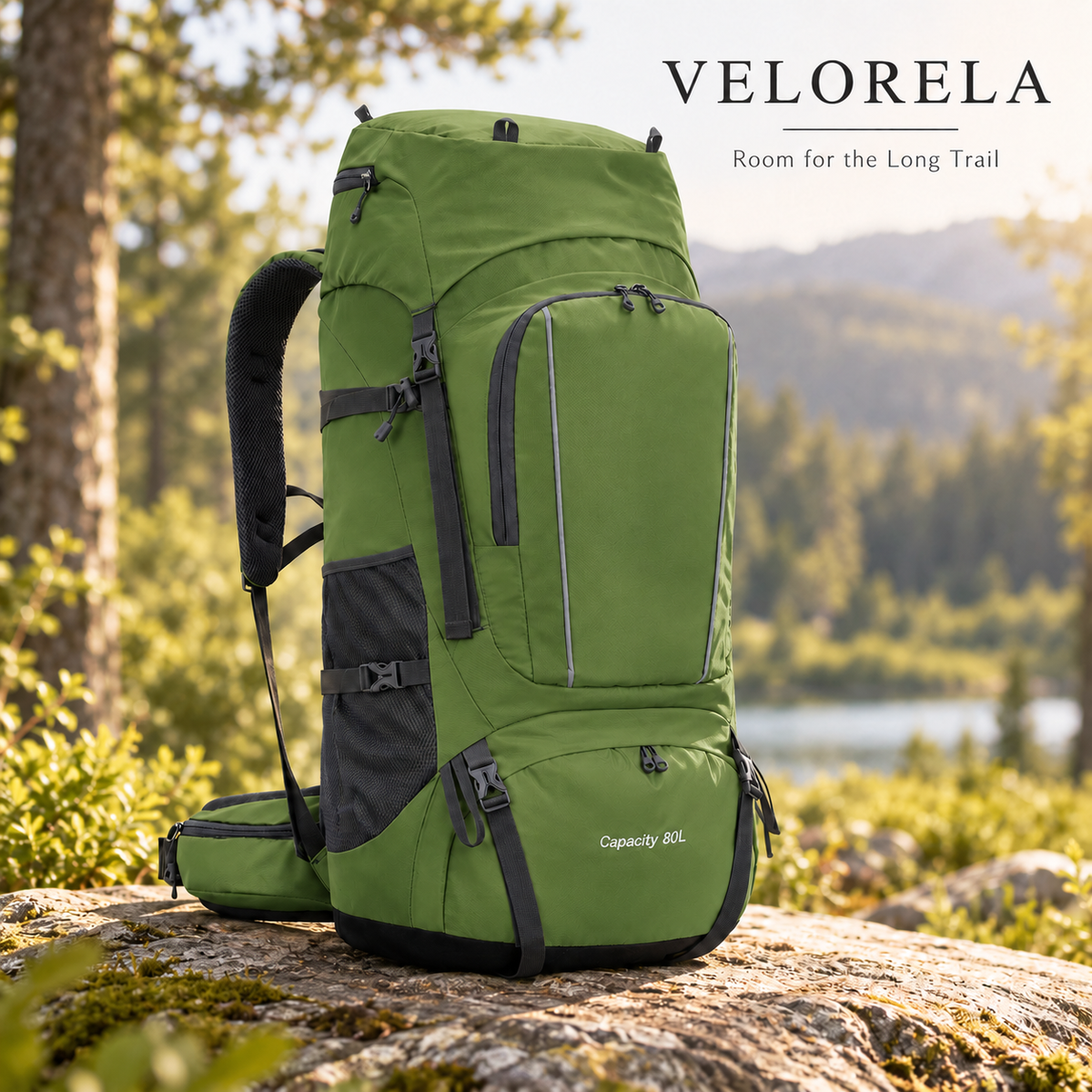 Green 80L hiking backpack on a sunlit woodland rock