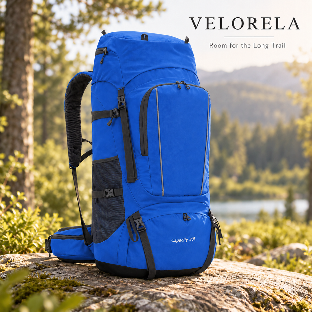 Royal Blue 80L hiking backpack on a sunlit woodland rock