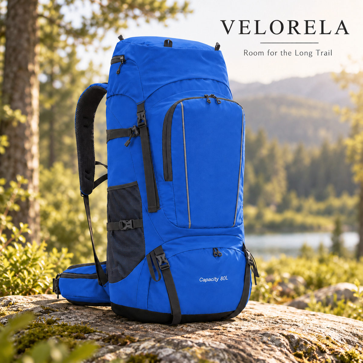Royal Blue 80L hiking backpack on a sunlit woodland rock