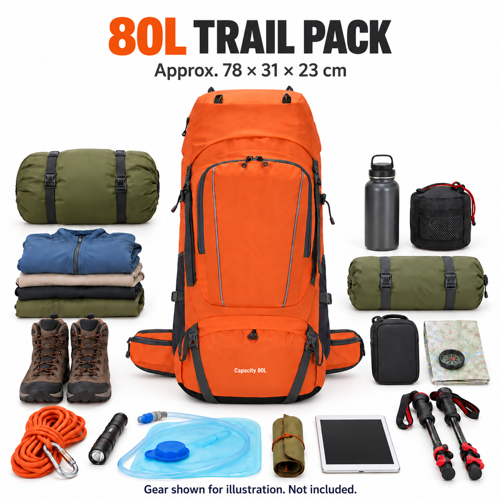 Orange 80L backpack with approximate dimensions and illustrative camping equipment