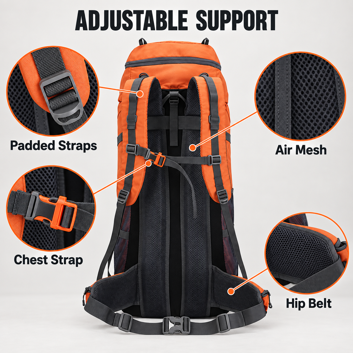 Backpack padded shoulder straps, mesh back padding, chest strap and hip belt