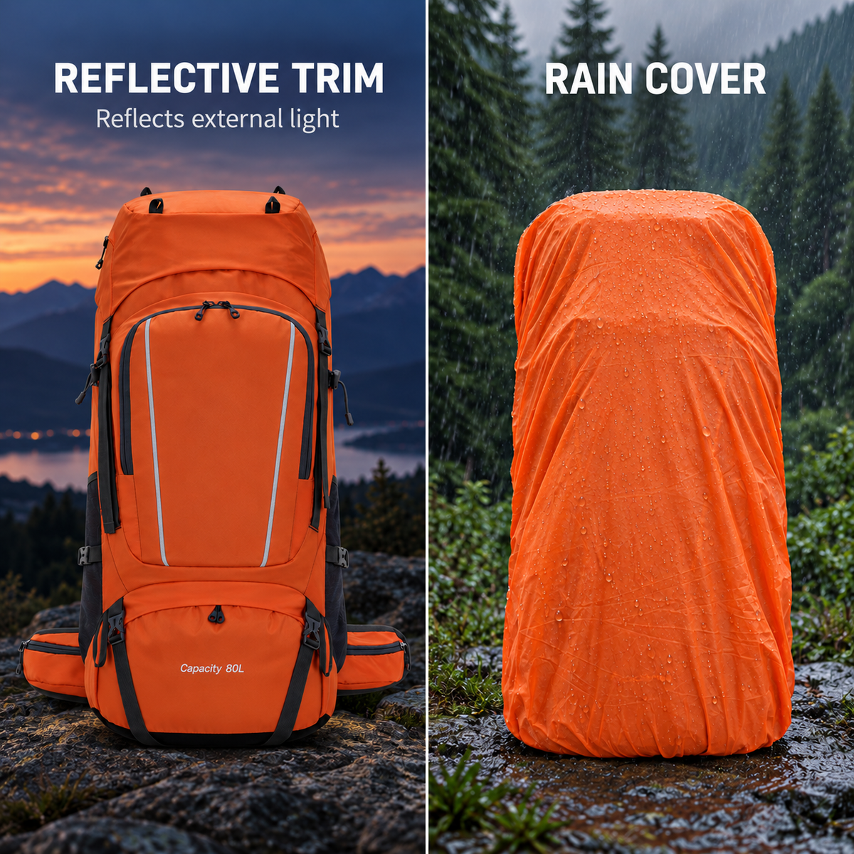 Thin reflective trim on an Orange backpack and rain cover demonstration