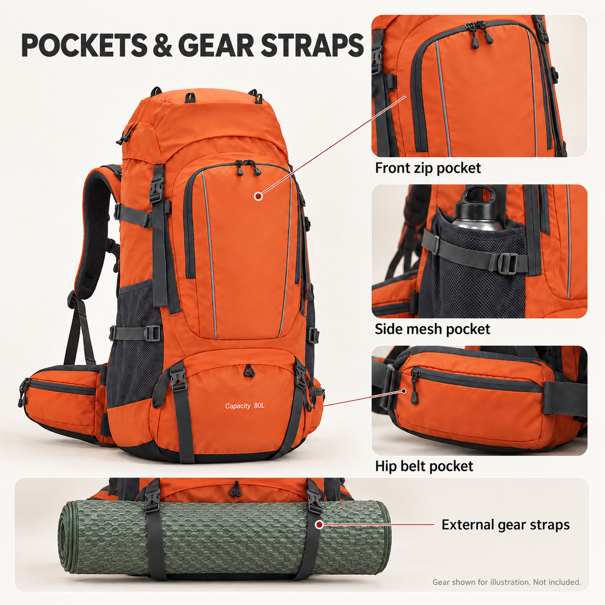 Front zip pocket, side mesh pocket, hip-belt pocket and external gear straps