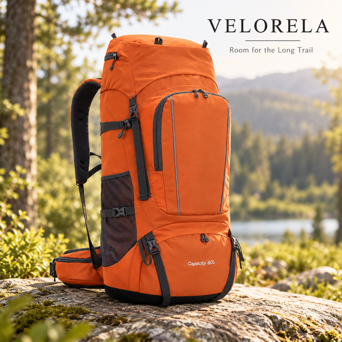 Orange 80L hiking backpack on a sunlit woodland rock