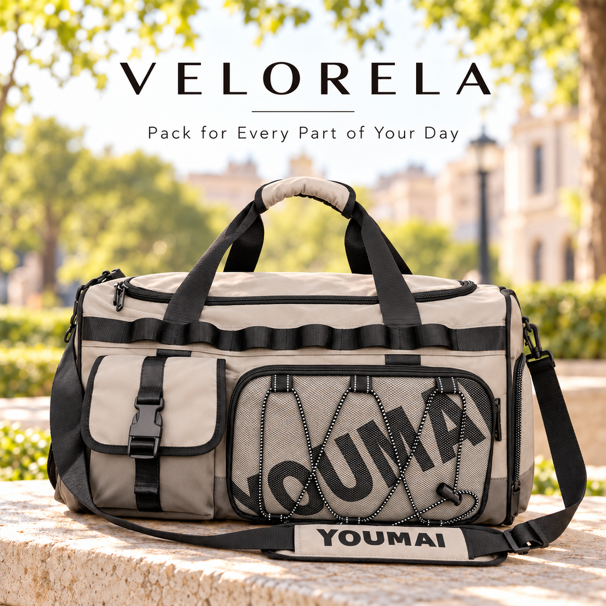 VELORELA Beige travel duffel – latest outdoor hero image