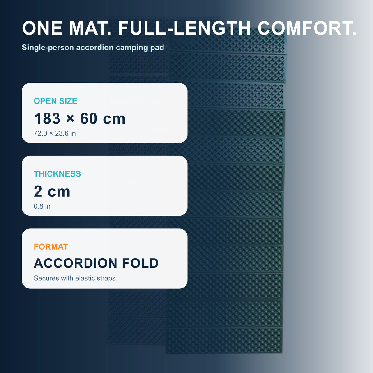 Camping mat open size of 183 by 60 cm and approximate thickness of 2 cm