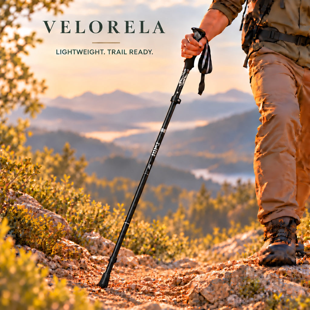Black five-section folding trekking pole; Velorela warm trail hero