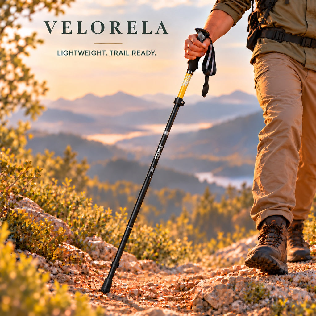 Bright Yellow five-section folding trekking pole; Velorela warm trail hero