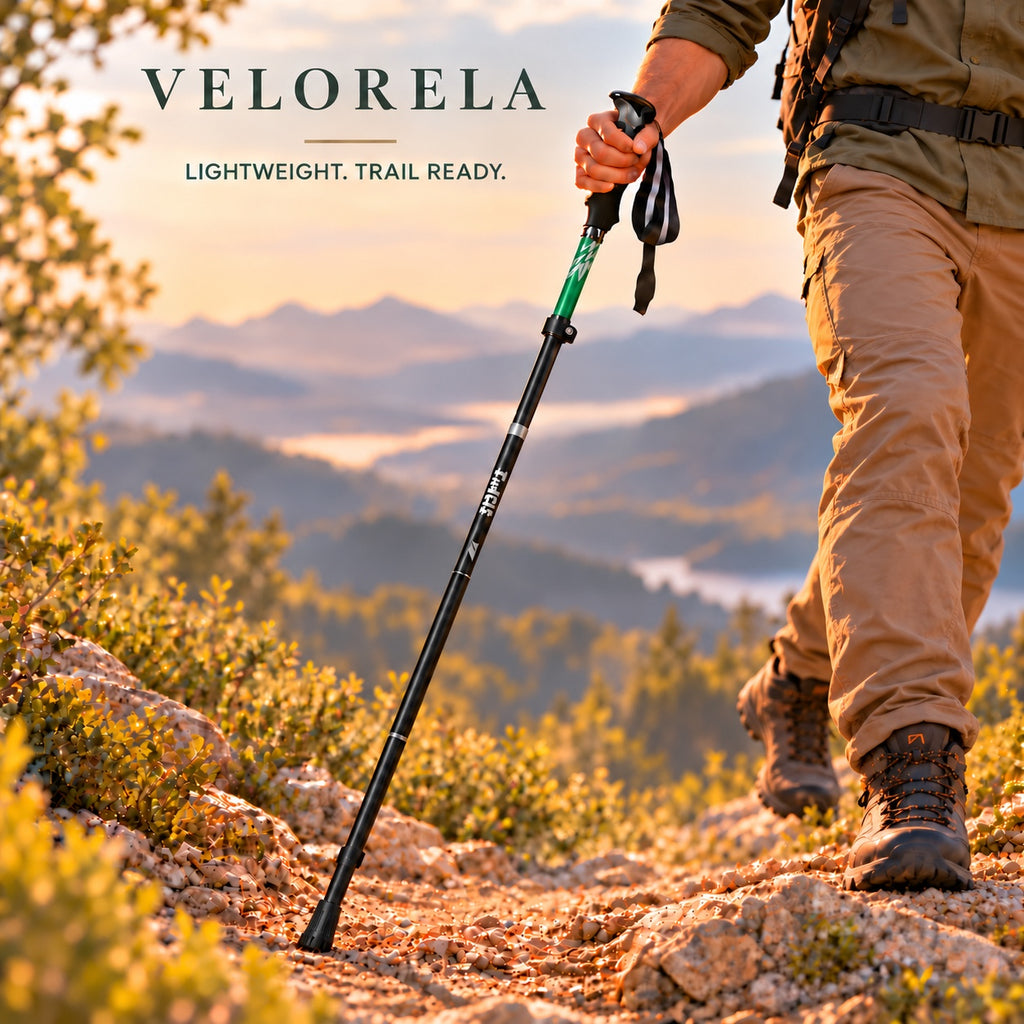 Forest Green five-section folding trekking pole; Velorela warm trail hero