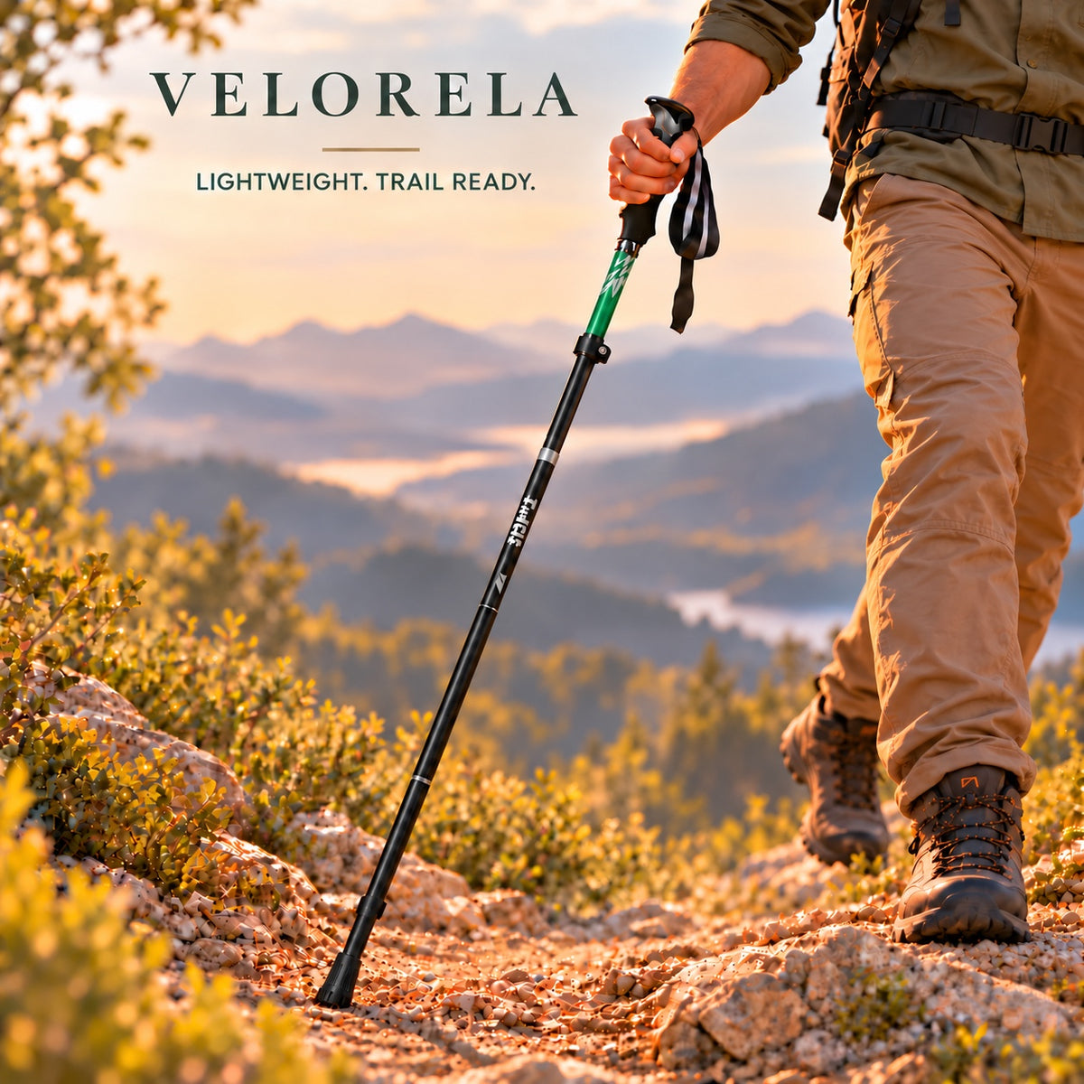 Forest Green five-section folding trekking pole; Velorela warm trail hero