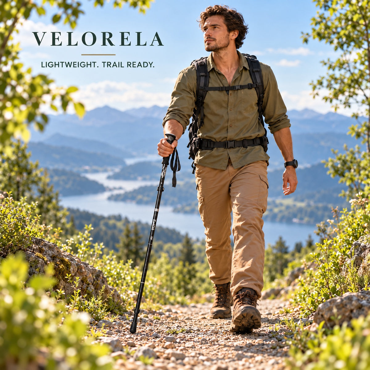 Hiker using one black pole on a fresh green summer trail