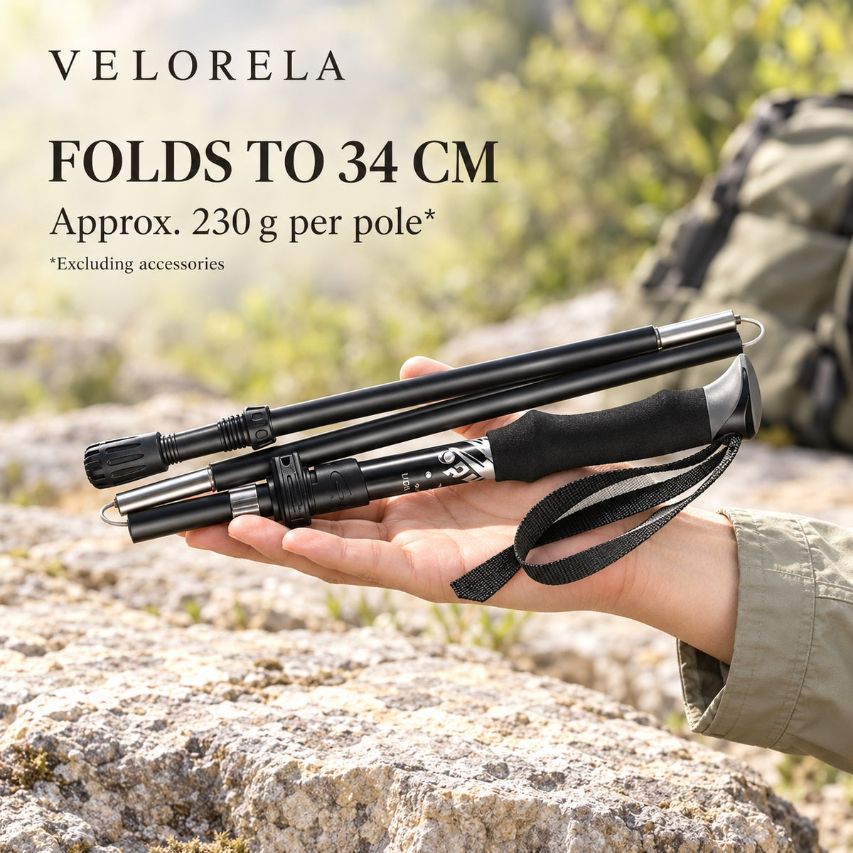 Folding pole packs to approximately 34 cm; approximately 230 g excluding accessories