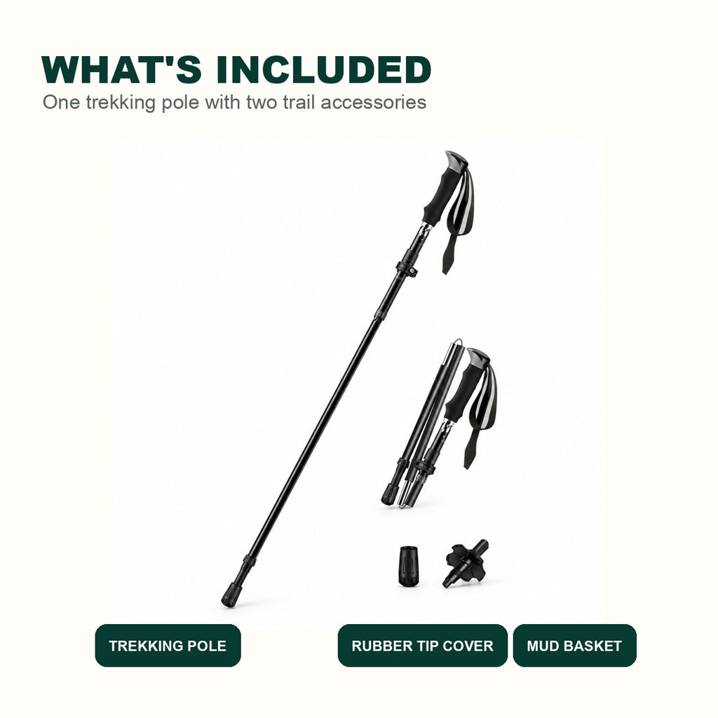 Same single pole shown extended and folded, with rubber tip cover and mud basket