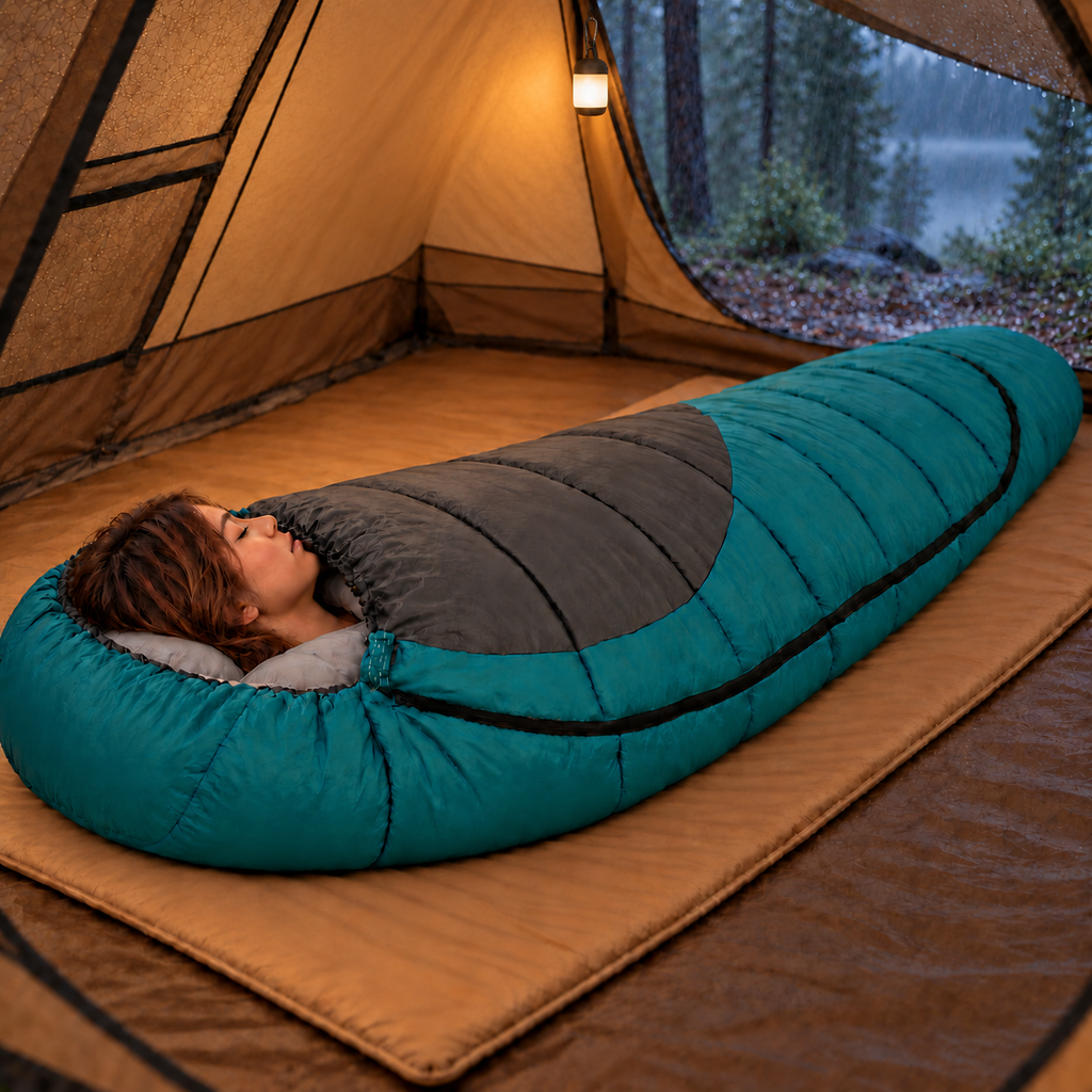 Woman resting in a green and gray mummy sleeping bag inside a warmly lit tent, with a small lantern at the entrance and rain outside.