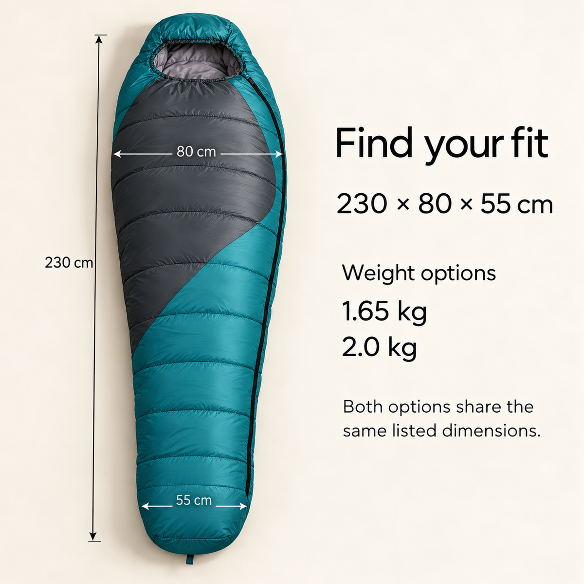 Sleeping bag dimensions and 1.65 kg / 2.0 kg options