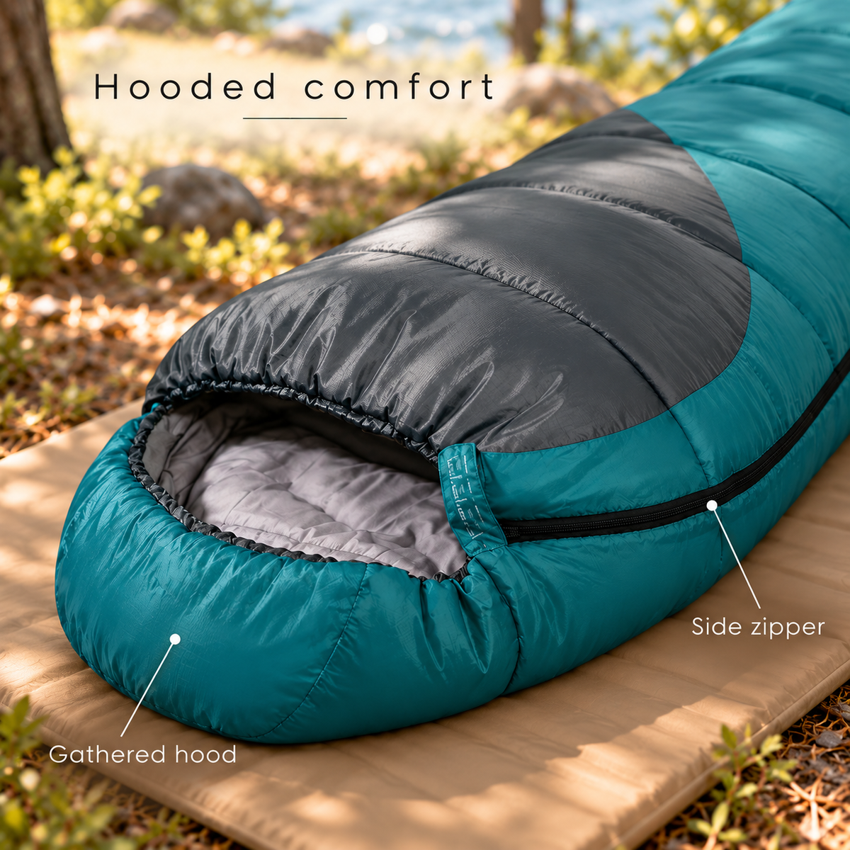 Gathered hood and side zipper