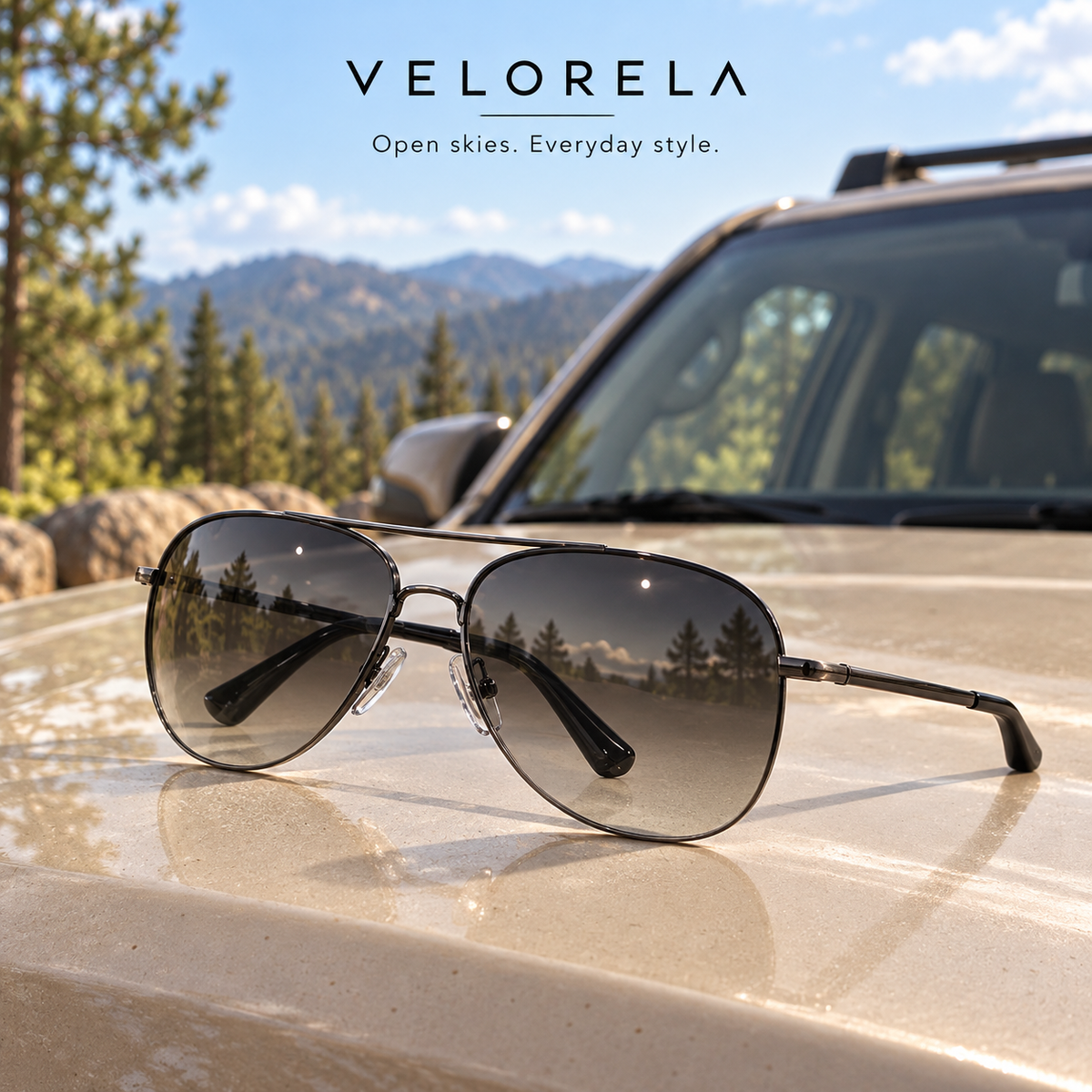 VELORELA Gunmetal aviator sunglasses with gray-green lenses on parked SUV hood