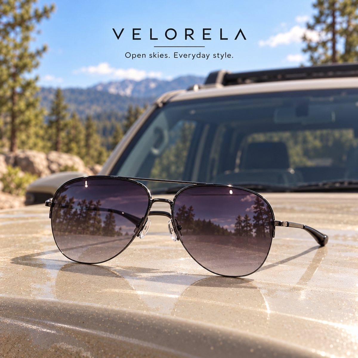 VELORELA Gunmetal aviator sunglasses with gradient gray lenses on parked SUV hood