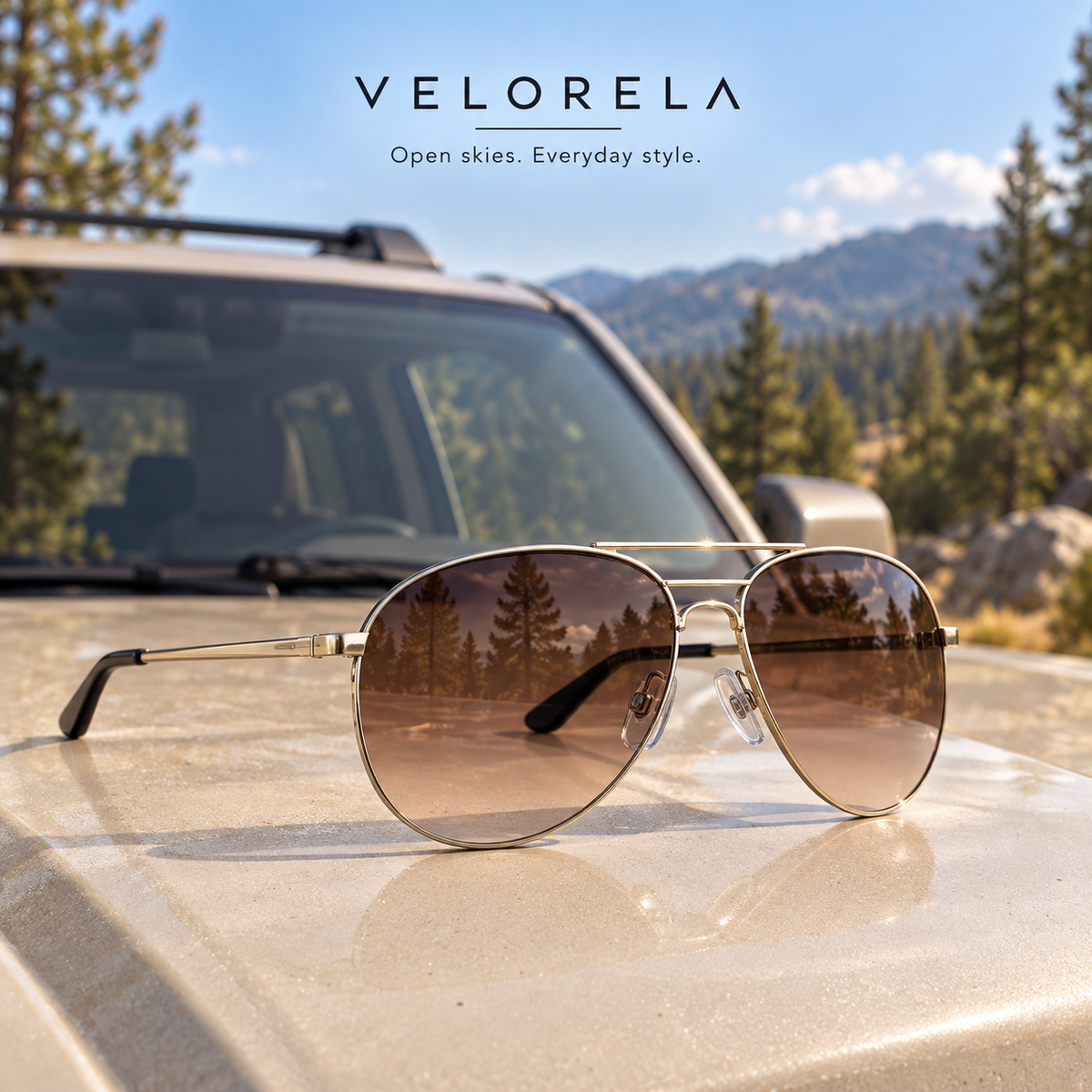 VELORELA Gold aviator sunglasses with brown lenses on parked SUV hood