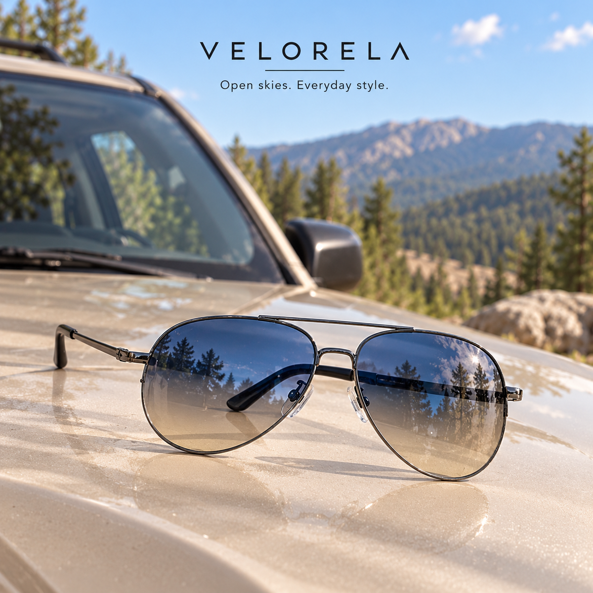 VELORELA Gunmetal aviator sunglasses with blue-yellow lenses on parked SUV hood
