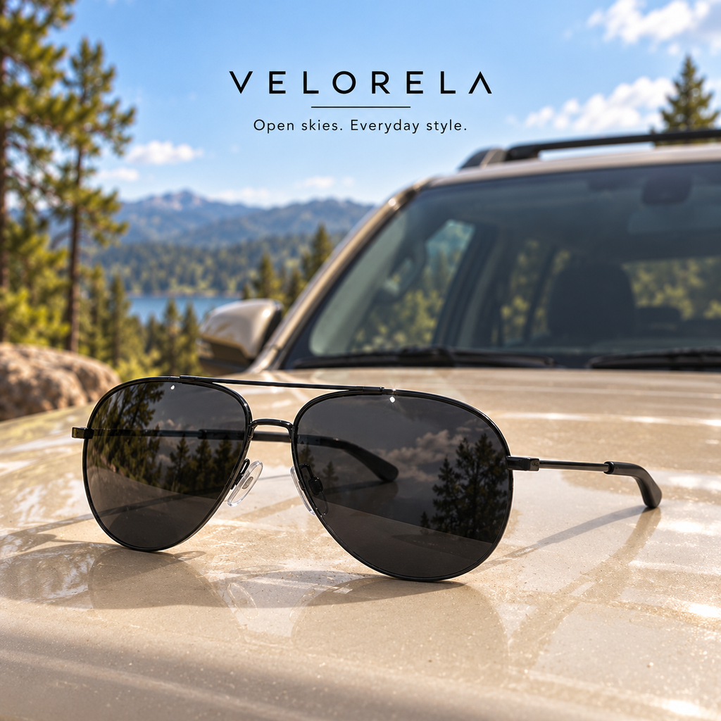 VELORELA Gunmetal aviator sunglasses with black lenses on parked SUV hood
