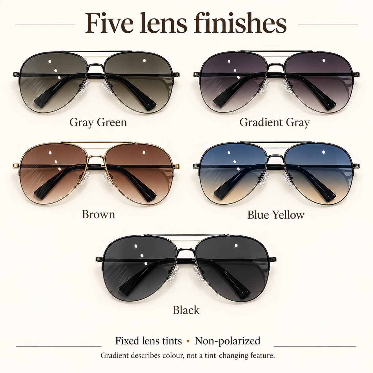 VELORELA Five fixed lens finishes, non-polarized aviator sunglasses