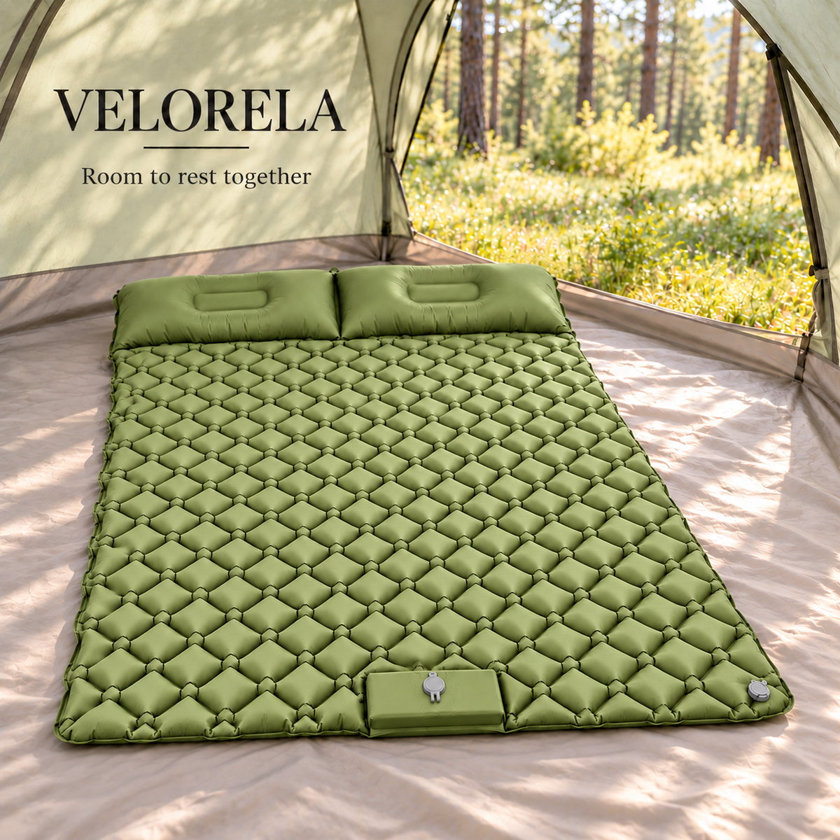 Green double inflatable camping pad — forest hero