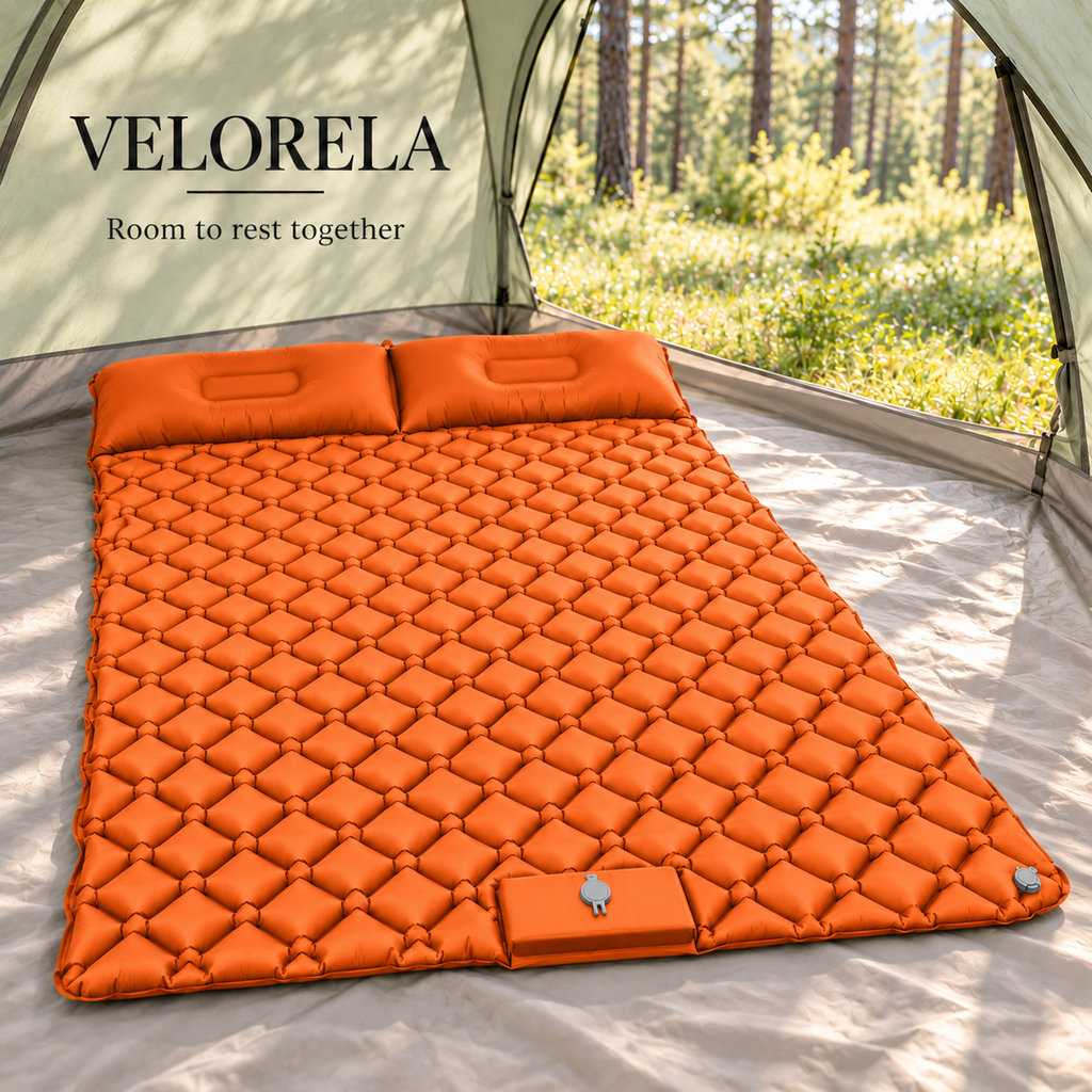 Orange double inflatable camping pad — forest hero