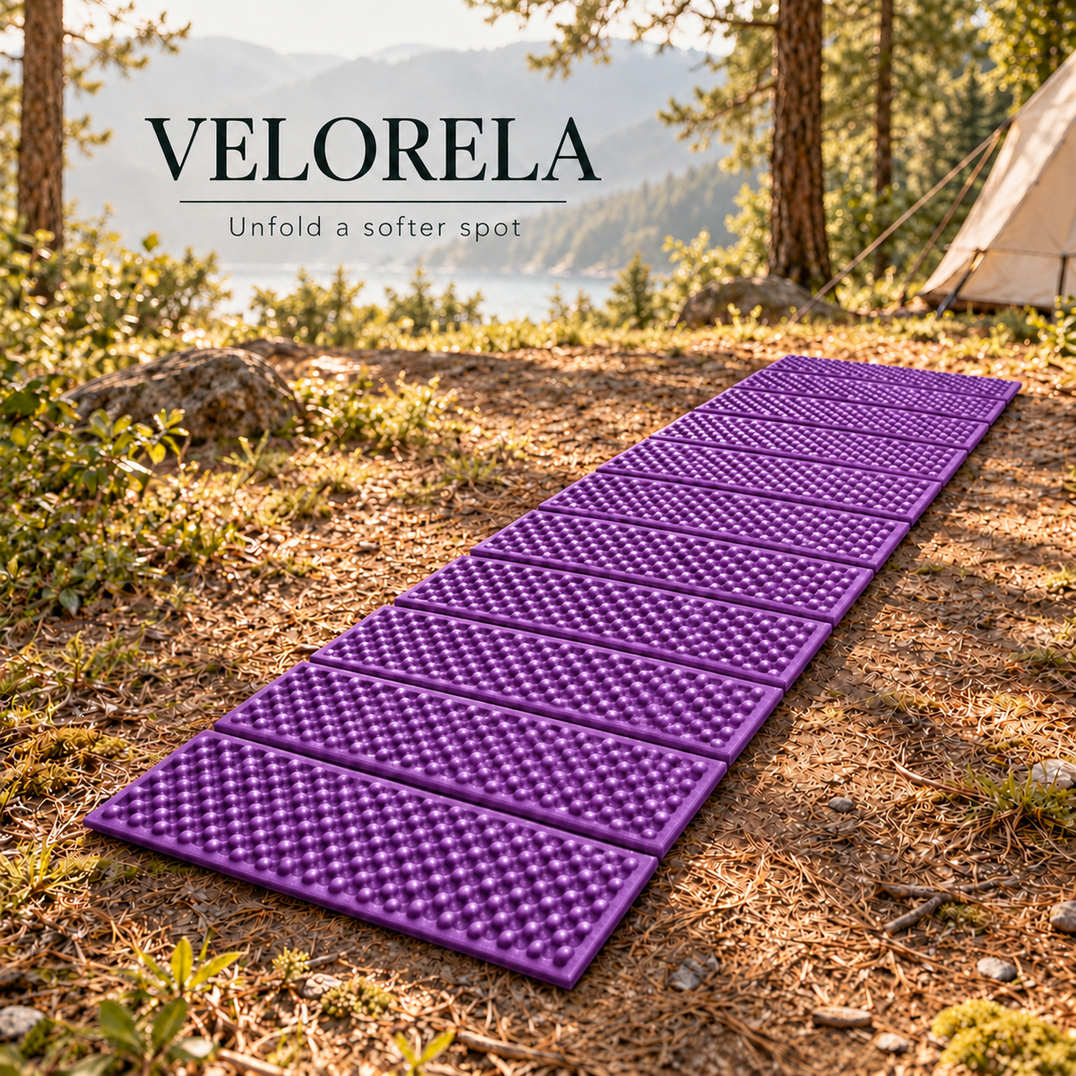 Purple foil-backed folding foam camping mat fully unfolded at a lakeside campsite