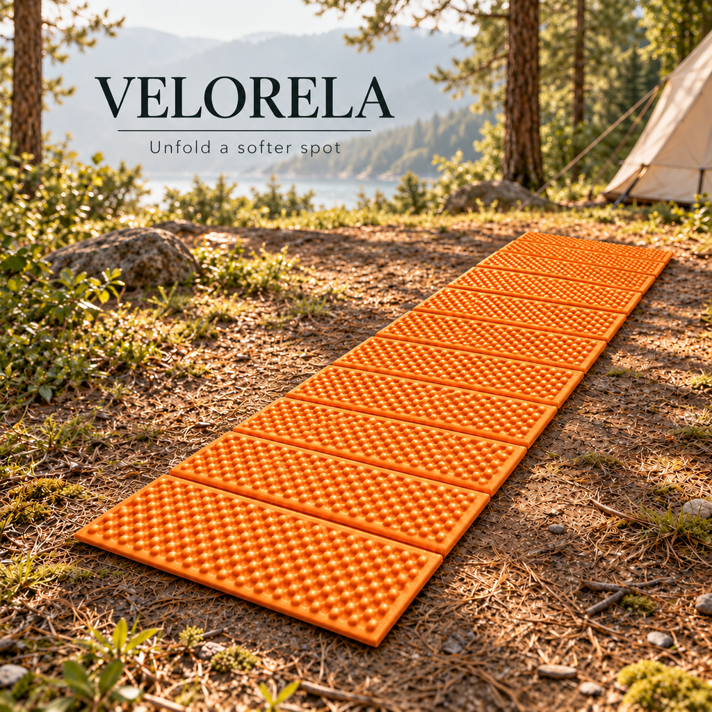Orange foil-backed folding foam camping mat fully unfolded at a lakeside campsite