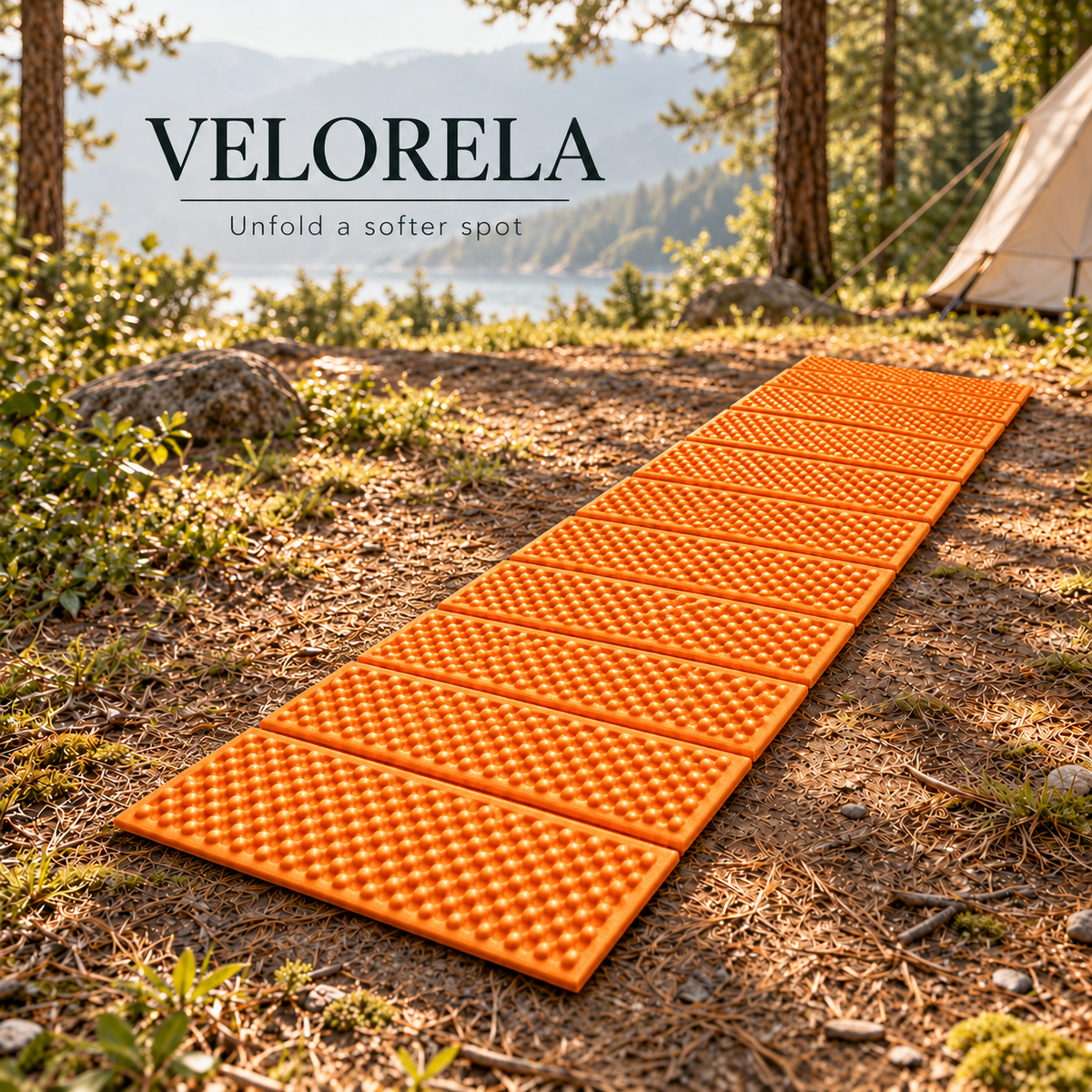 Orange foil-backed folding foam camping mat fully unfolded at a lakeside campsite