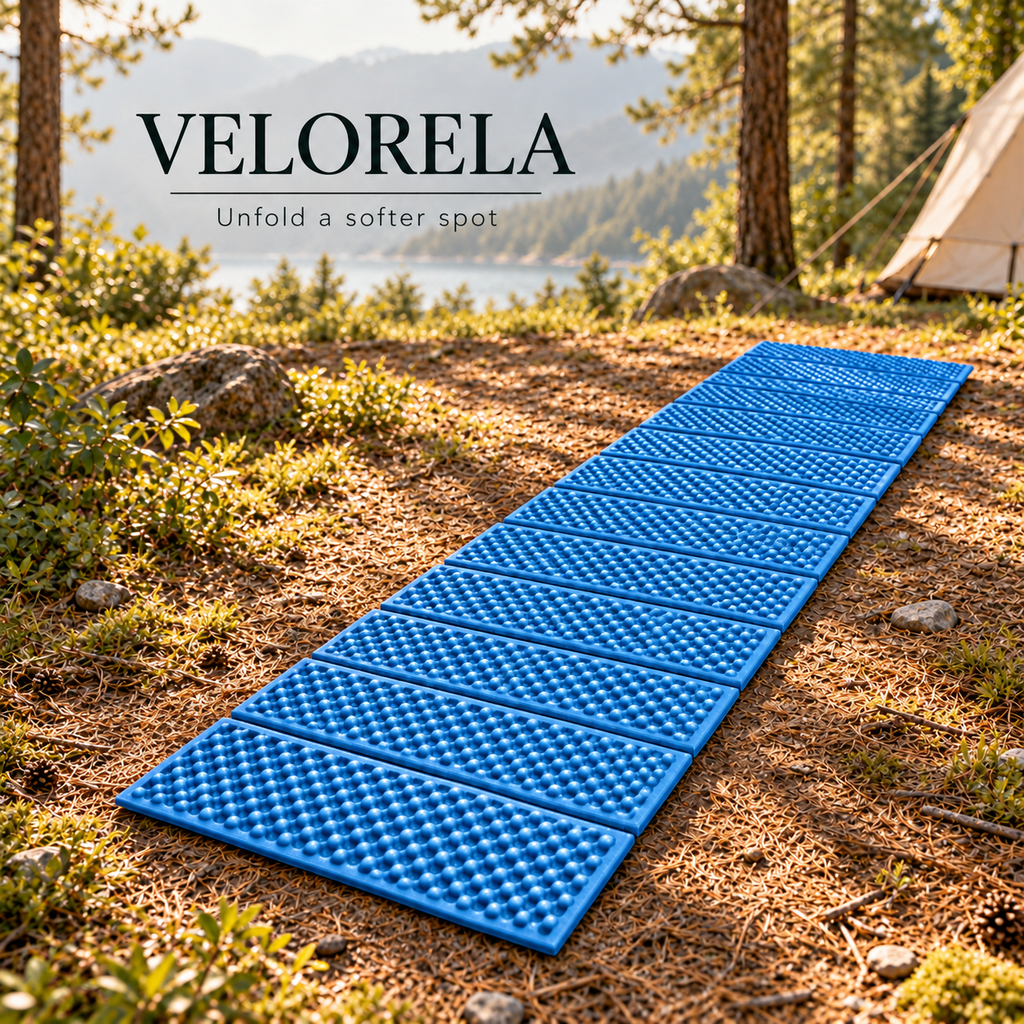 Blue foil-backed folding foam camping mat fully unfolded at a lakeside campsite