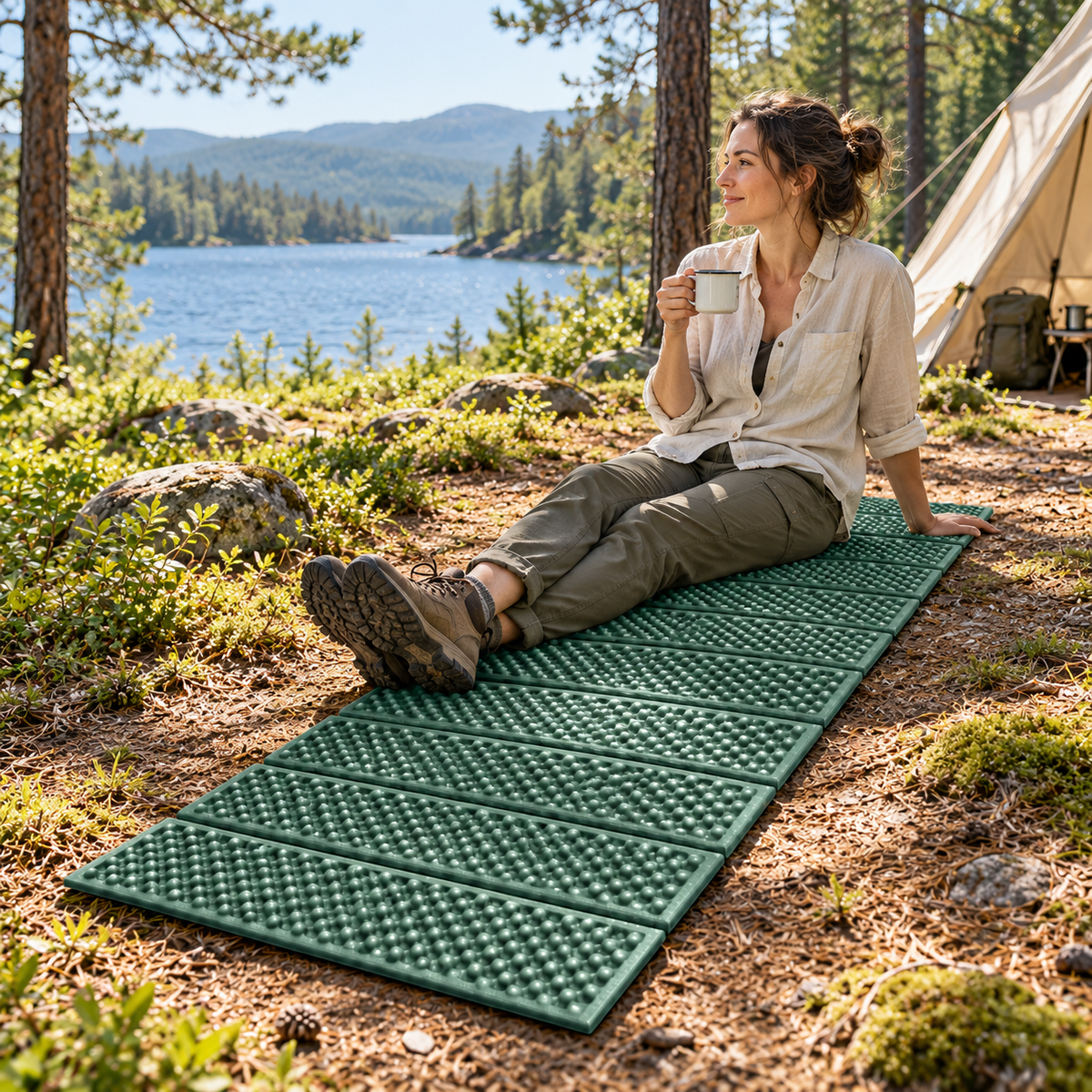 Camper seated on a fully unfolded green foam camping mat beside a lake