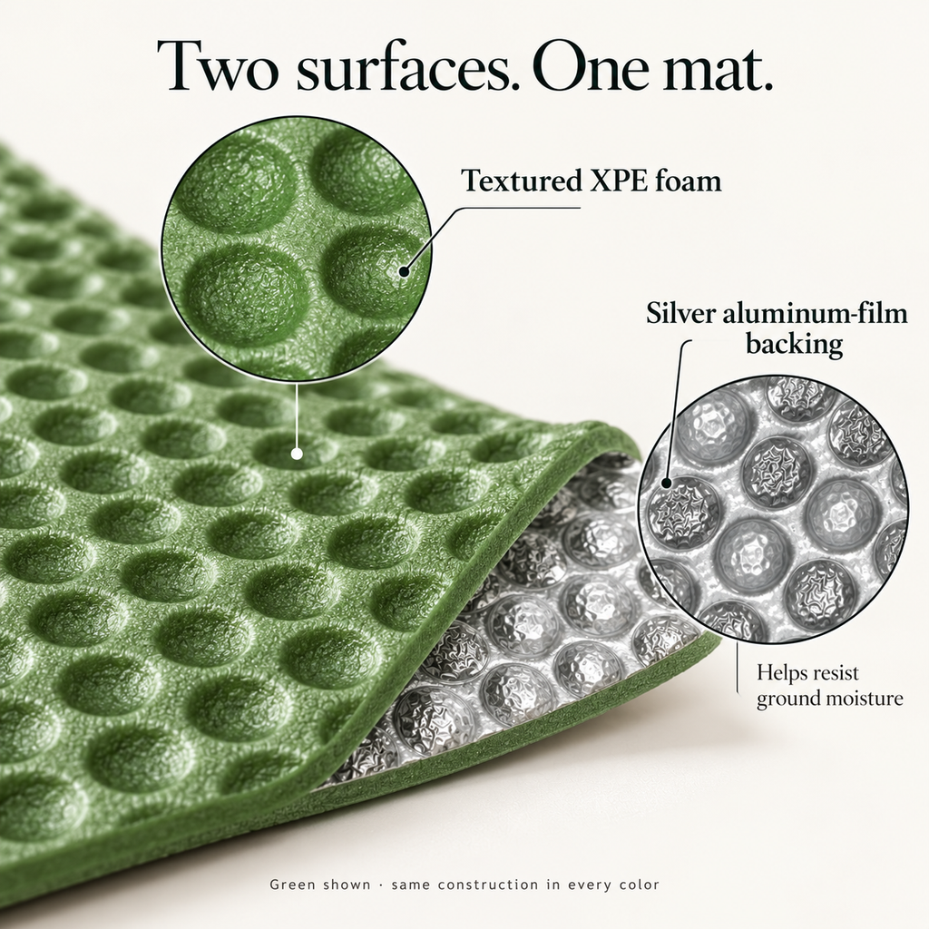 Textured XPE foam surface and silver aluminum-film backing of one camping mat