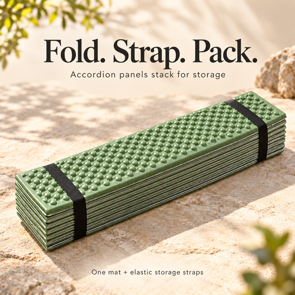 One green foam mat folded into a stack and secured with two elastic storage straps