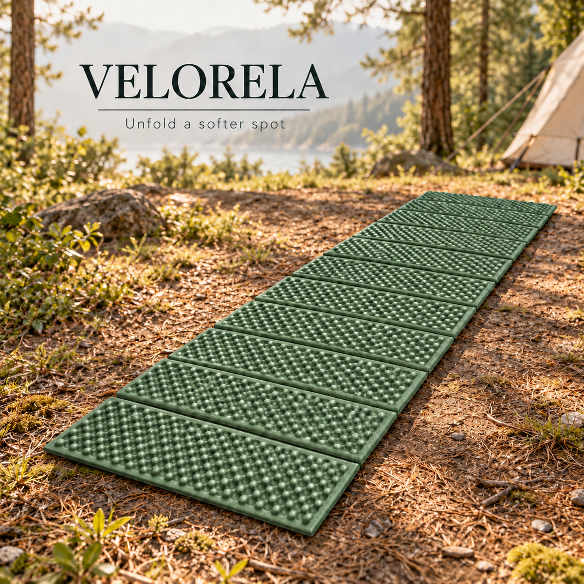 Green foil-backed folding foam camping mat fully unfolded at a lakeside campsite