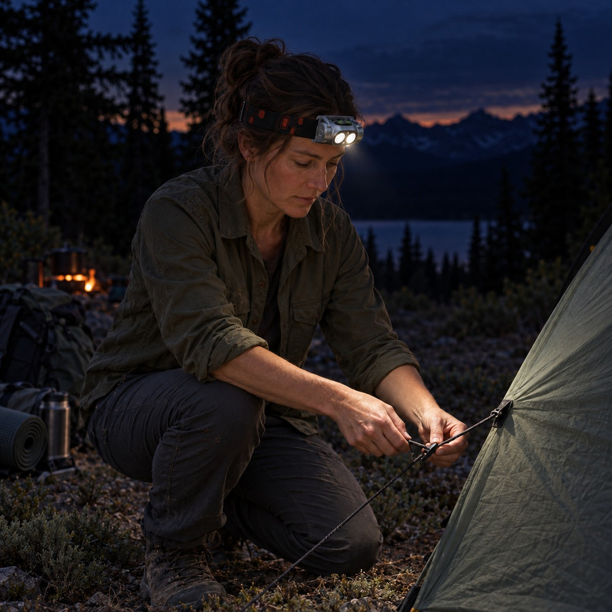 Camper using the headlamp to illuminate her hands and a tent guyline at night.