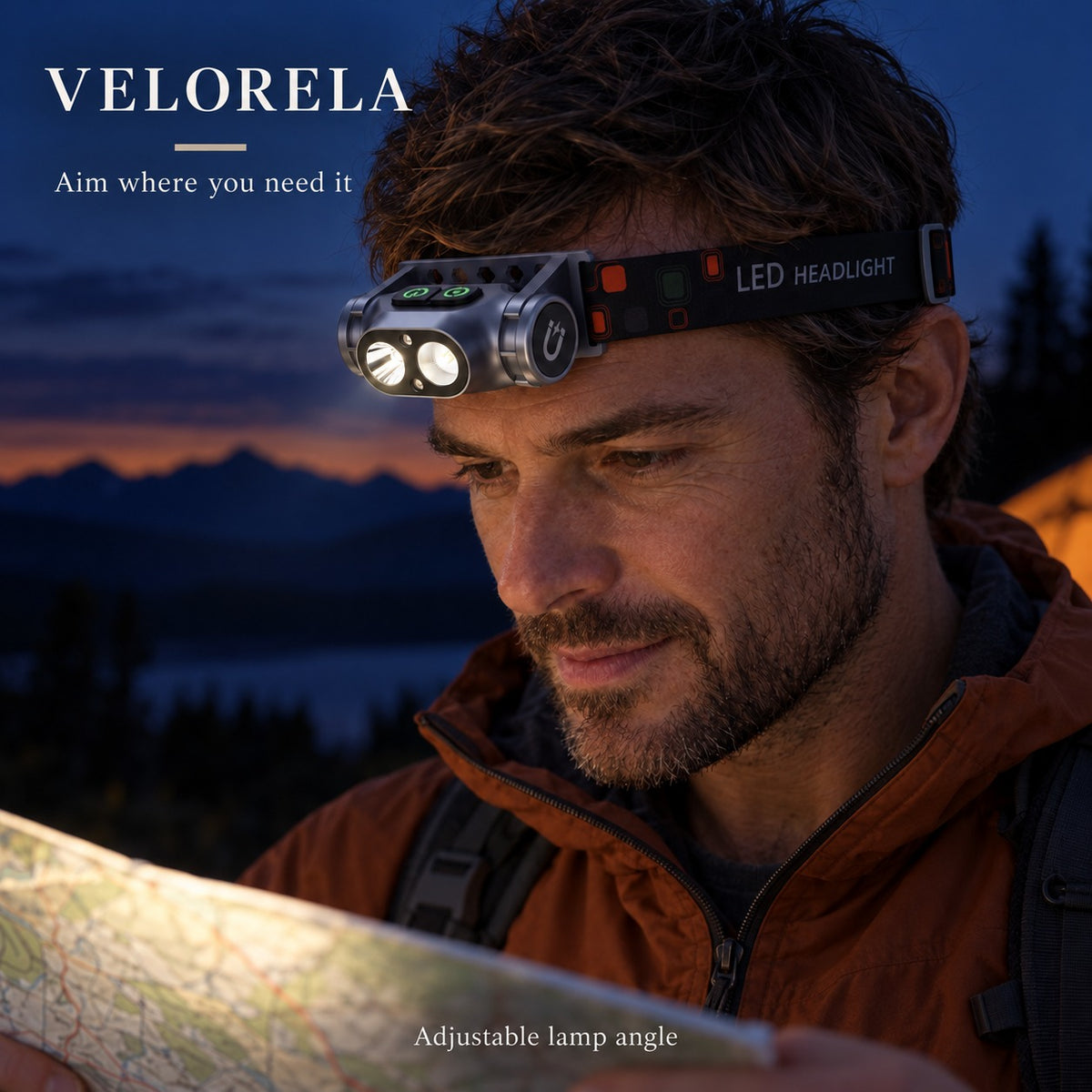 Male camper reading a headlamp-lit map with the lamp angled downward at night.